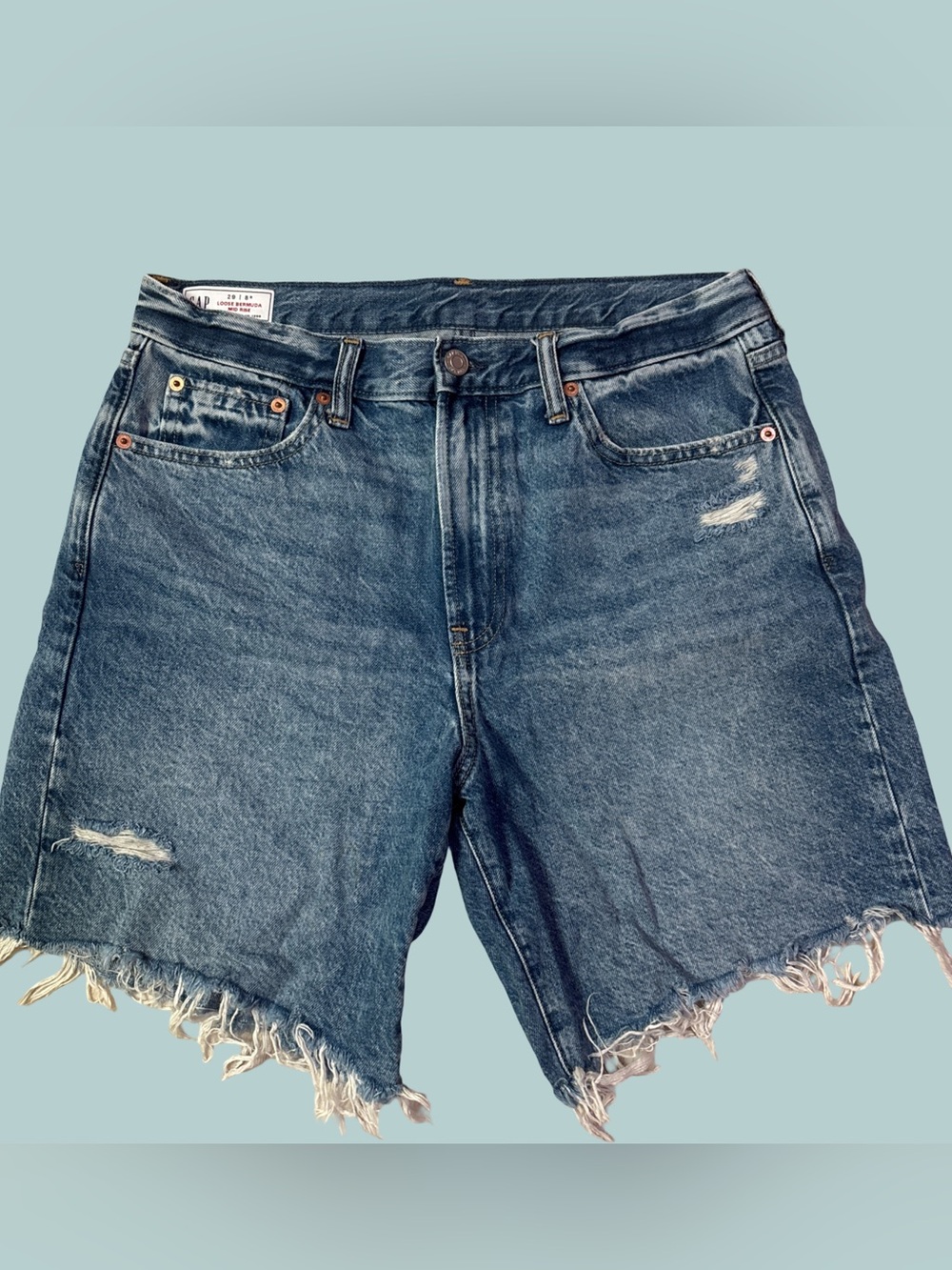 GAP Loose Bermuda Mid-Rise Distressed Denim Jean Shorts